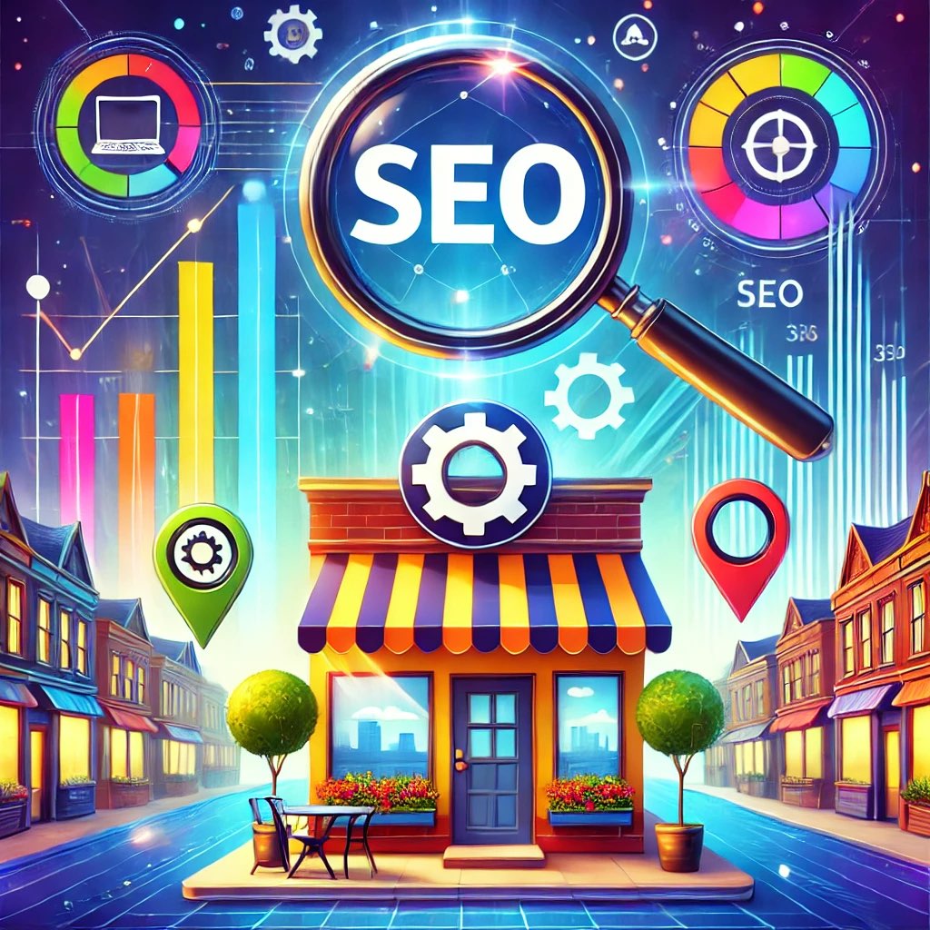 A dynamic illustration showing a small business storefront with a magnifying glass focusing on the SEO letters hovering above the store
